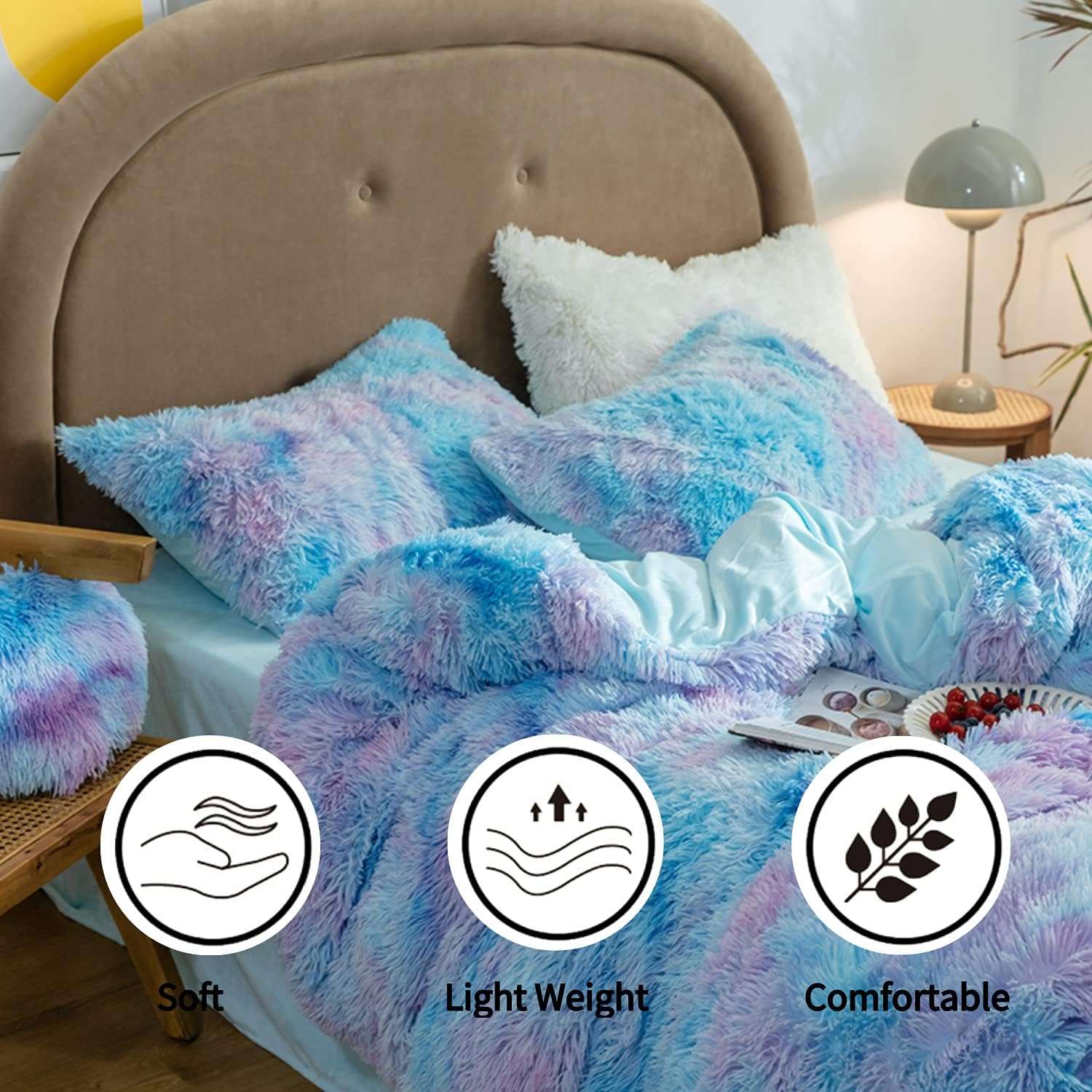 RYNGHIPY Super Soft Fuzzy Faux Fur Duvet Cover Set, Twin Bedding Sets for Girls, Blue Tie Dye Plush & Velvet Flannel Comforter Cover with 2 Pillowcases (Colorful Blue,Twin)