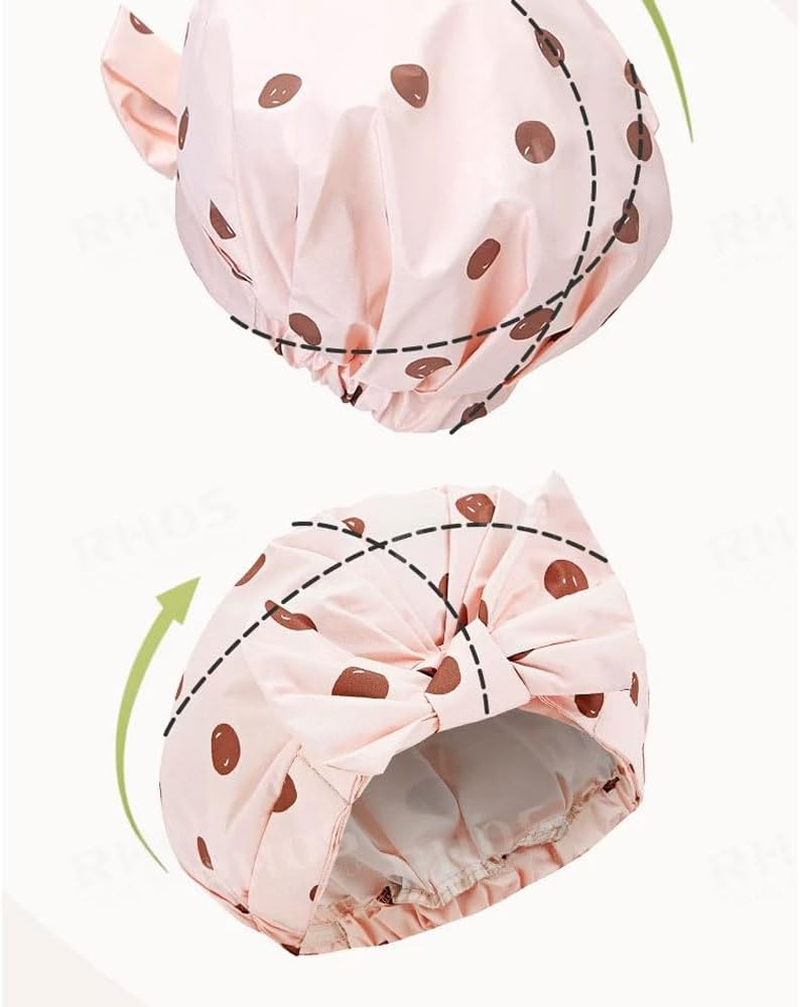 YHIXYUNAZ Luxury Waterproof Shower Cap &ndash; Extra Large Reusable Bath Cap for Women, Non-Slip Soft Elastic Band, Travel-Friendly Hair Protector (Leaf) - Pink Dot image number 3