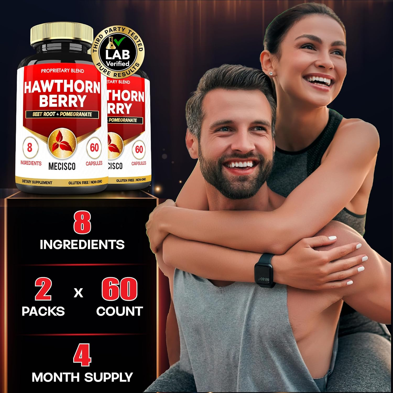 2 Packs Hawthorn Berry Supplements- Beet Root, Pomegranate, Hibiscus Flower, Ceylon Cinnamon, Olive Leaf, Turmeric Curcumin, Black Pepper - Blood Pressure & Immune Supports - 4105 Mg (120 Cap)
