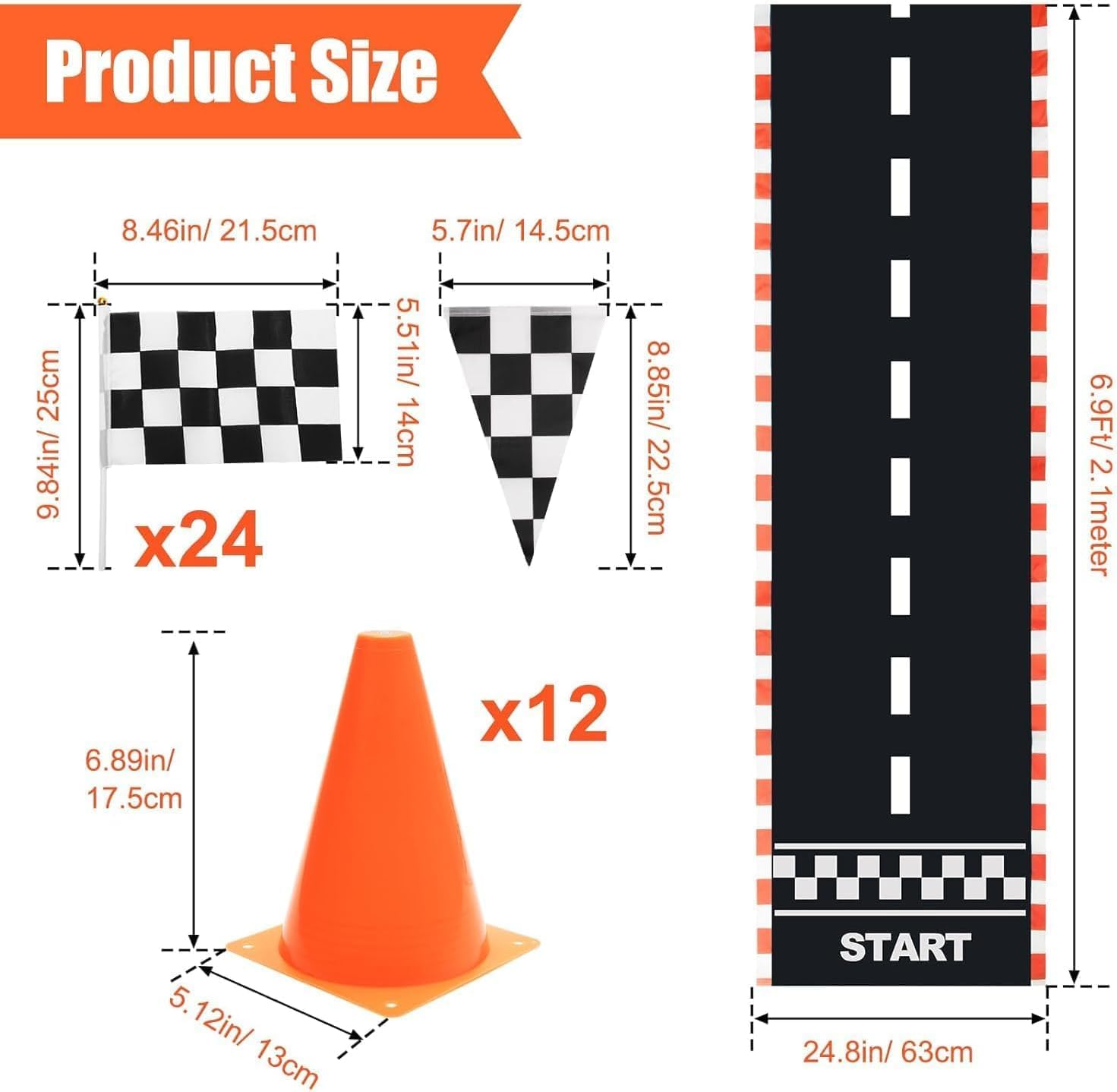 38 Packtraffic Cones and Racing Checkered Flags for Race Car Party Supplies Include 24 Checkered Flag/12 Mini Traffic Cones /6.9Ft Racetrack Floor Running /10Ft Hanging Checkered Flag image number 2