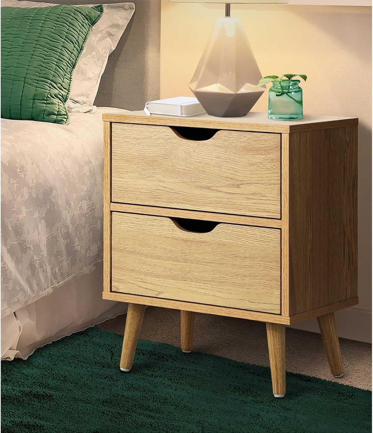 Oikiture Bedside Table with 2 Drawers, Wooden Side Table Nightstand Home Storage Furniture Wood image number 3