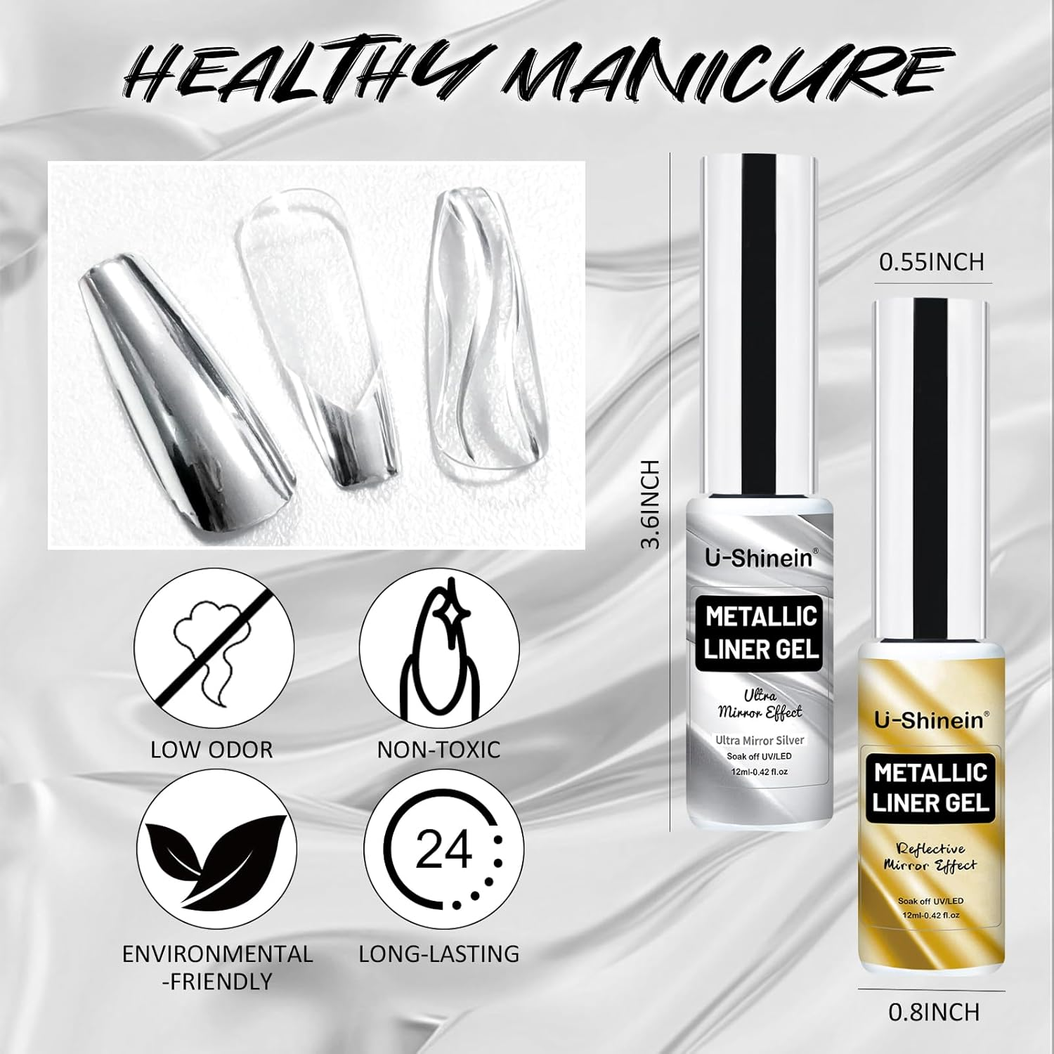 U-Shinein Metallic Mirror Painting Gel Nail Polish, Ultra Mirror Silver & Gold Metal Painted Drawing Gel with Build in Thin Brush, Chrome Gel Polish Nail Art Gel Liner Soak off DIY Nail Art 2X12 Ml