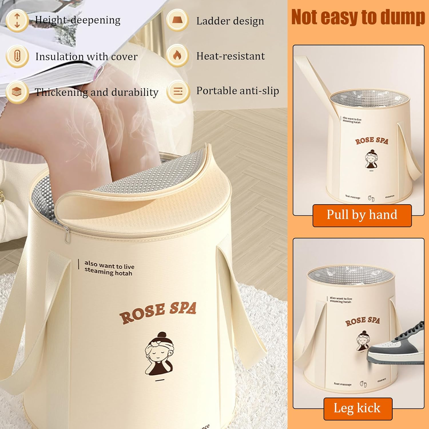 Sgphrzlt Collapsible Foot Basin Tub for Soaking Feet with Lid & Handle, Portable Travel Foot Soak Bucket, Foldable Foot Bath Spa Bag, Long Lasting Insulation, Beige image number 5