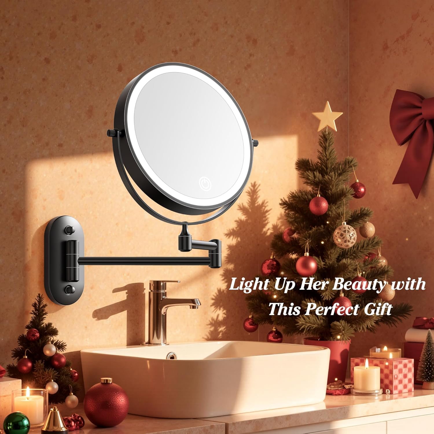 Auxmir 1X/30X Wall Mounted Lighted Makeup Mirror, 8" Rechargeable Double-Sided Magnifying Mirror with Light, Touch Dimmable 3 Color Light, 360&deg; Rotation Foldable Extended Arm, Black image number 1