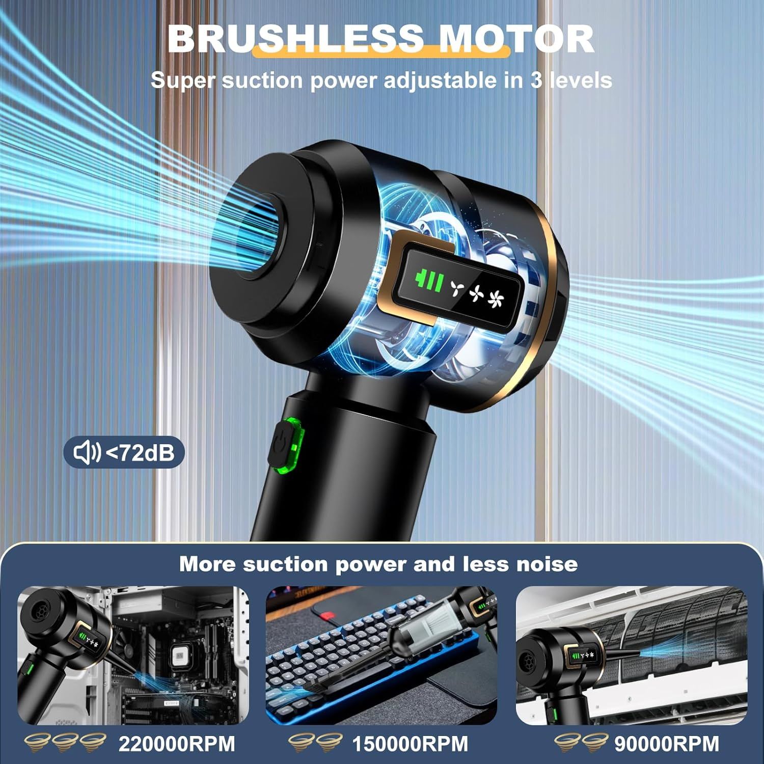 Car Vacuum Cleaner 4-In-1 with LCD Display, 25000PA High Power Mini Vacuum Cleaner, Rechargeable Handheld Vacuum, Car Hoovers, Portable Cordless Compressed Air Duster Air Blower for Car, Home,Office image number 3