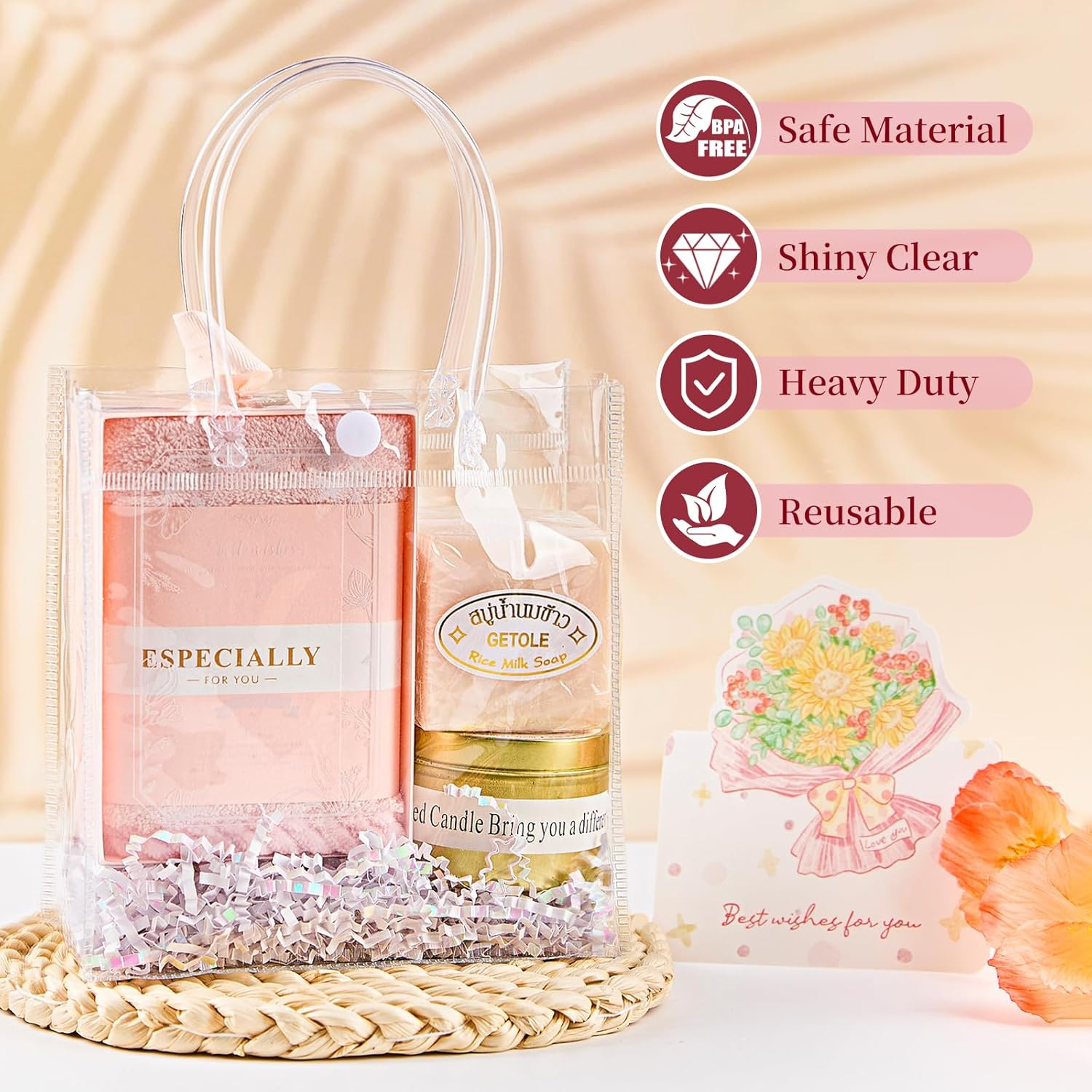 16 Pack Clear Plastic Gift Bags with Handles, 5.9" X 6.3" X 2.8" Reusable Transparent Party Favor Bags PVC Goodie Bags Bulk for Wedding, Baby Shower, Birthday image number 2