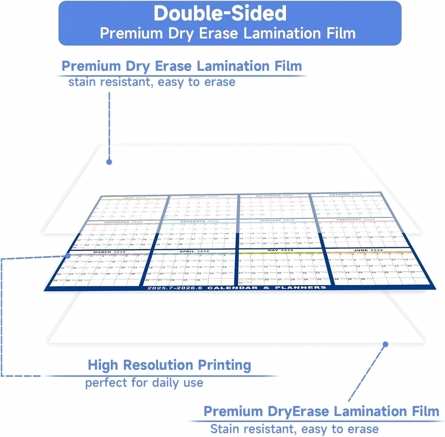 2025-2026 Wall Calendar Large, 58 X 88 Cm - Runs from July 2025 until June 2026, Wet & Dry Erasable Laminated 12 Month Planner, Reversible, Horizontal/Vertical, 2 Erasable Pens & Double-Sided Adhesive image number 2