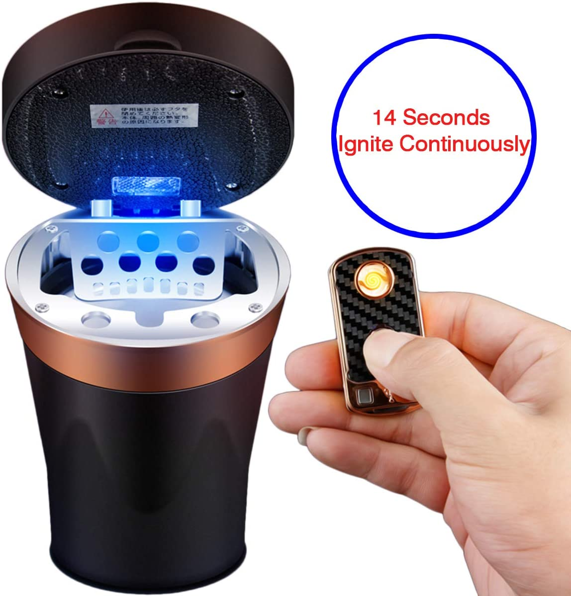 Eastfly Car Ashtray, Detachable Ceramics Car Ashtray with Lid Blue Led Light and Removable Lighter Solar Energy and USB Dual Charging for Most Car Cup Holder Blue