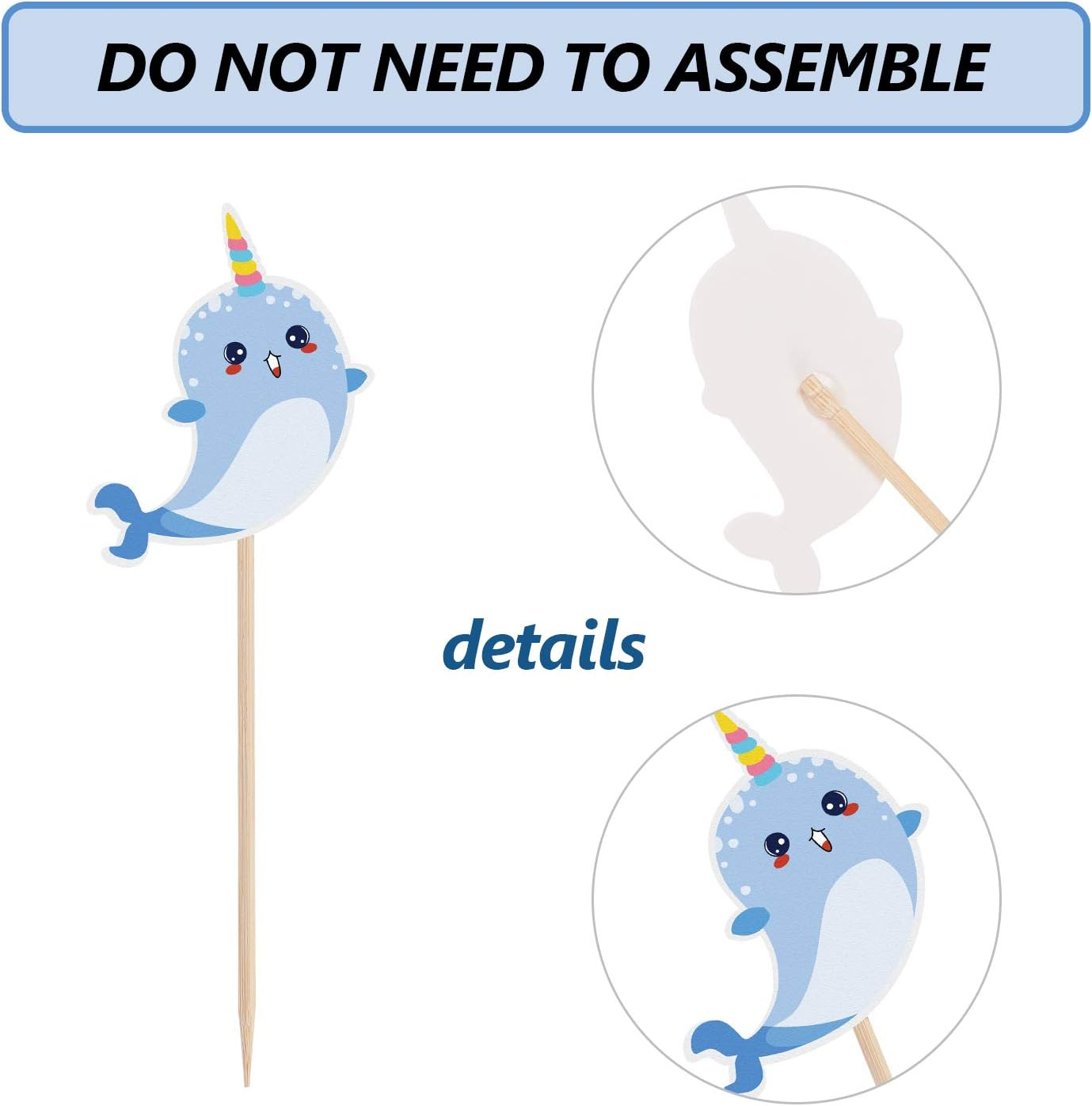 48 Pcs Narwhal Cake Toppers Narwhal Cupcake Toppers Ocean Birthday Party Decorations Supplies under the Sea Blue Ocean Themed Party Baby Shower Birthday Supplies image number 3