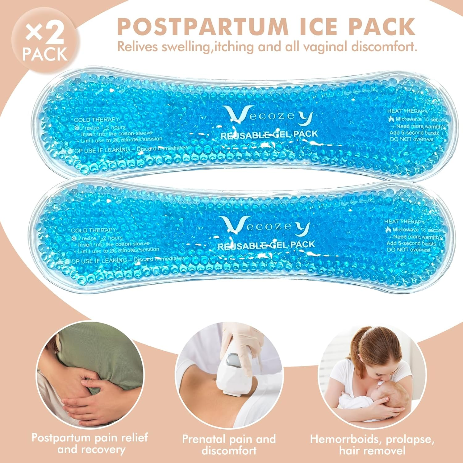 Vecozey 2 Perineal Ice Packs for Postpartum Care, Reusable Hot & Cold Gel Ice Wraps with Washable Cotton Sleeves, Cooling Ice Pads Effective Relief for Post Partum Pain, Hemorrhoids, Delivery image number 6