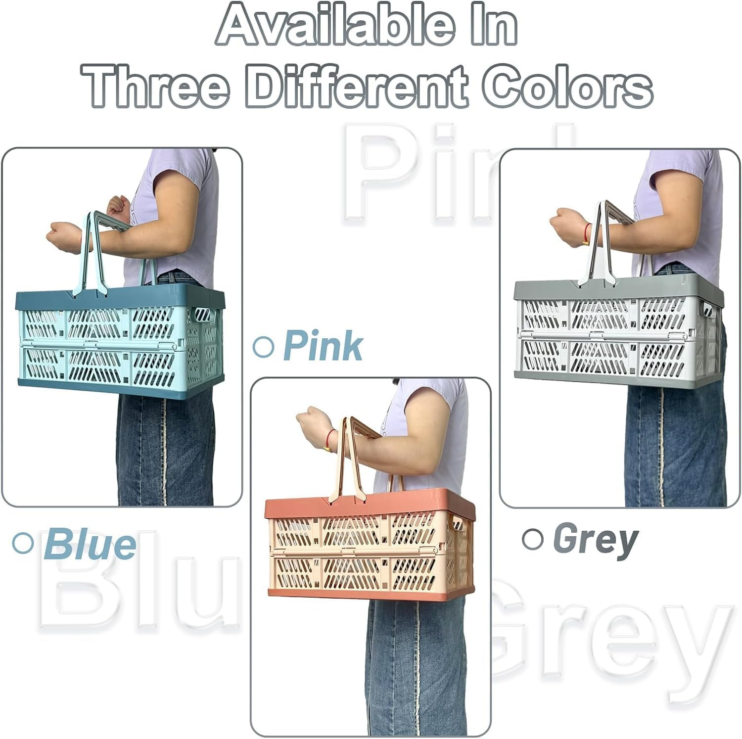 Plastic Basket with Handle, 15-Liter Folding Pastel Crates for Organizing and Storag Plastic Grocery Shopping Baskets Stackable Storage Bins for Kitchen Living-Room Desktop Shelf Organing,Grey image number 6