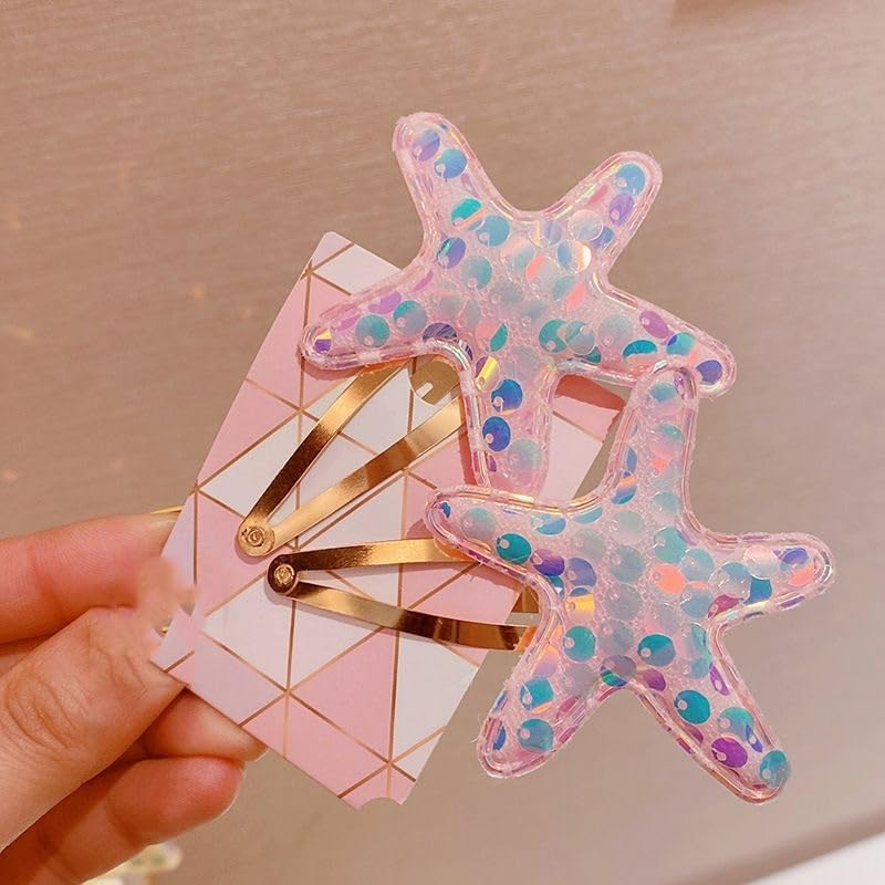 Glitter Starfish Hair Clips for Women Girls 10 Pcs Snap Seastar Clips Starfish Barrettes Sequin Mermaid Seashell Hair Accessories Sea Shell Hairpiece Mermaid Clip