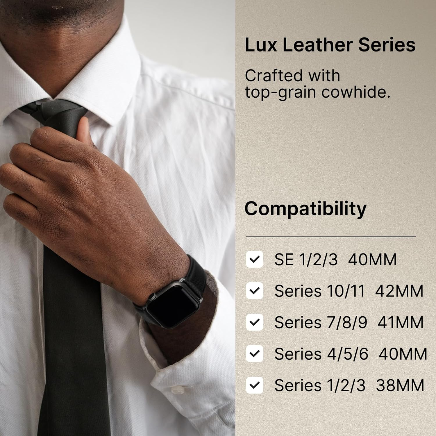 Fullmosa Bands Compatible for Apple Watch Band 42Mm 41Mm 40Mm 38Mm with Case Real Leather Replacement Strap for Iwatch SE Series 11 10 9 8 7 6 5 4 3 2 1 Men and Women, Black + Gunmetal Buckle image number 4