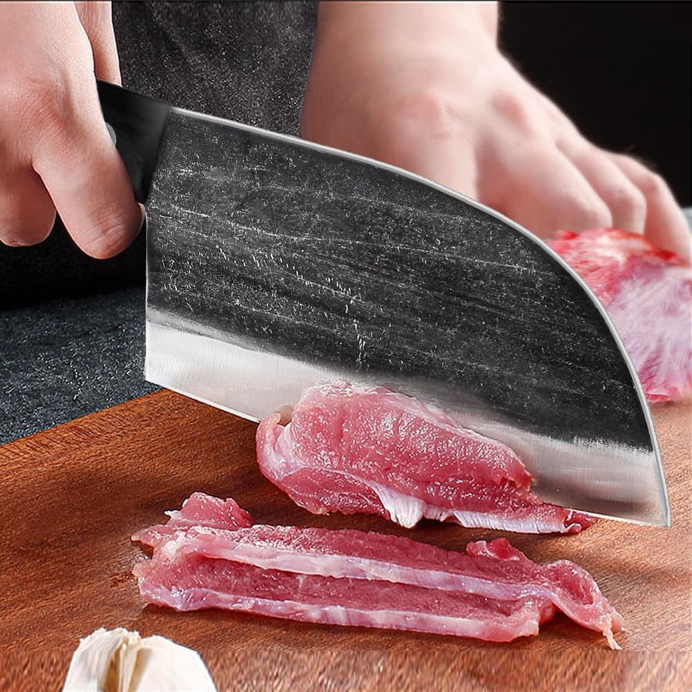 Serbian Chefs Knife 6.7 Inch Full Tang,Forging Kitchen Knives,Wood Handle Set with Leather Sheath Chef Butcher Knife Outdoor Meat Vegetable Cleaver for Family, BBQ or Camping image number 6