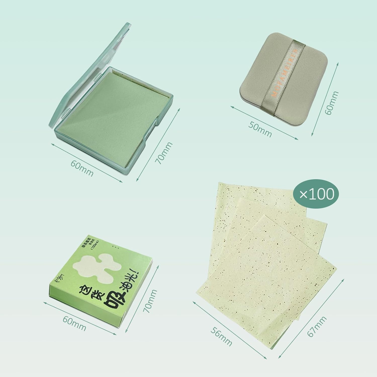 RIBHNXHI Oil Blotting Sheets for Face, 100 Counts Green Tea Blotting Paper with Portable Mirror Case and Makeup Puff for Daily Makeup Touch up Oil Absorbing Sheets image number 4