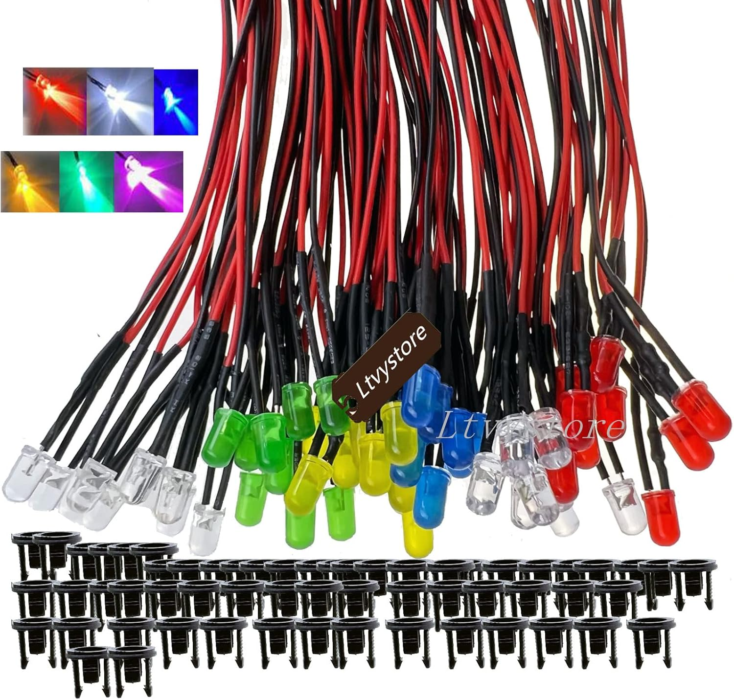 5MM 3Volt Prewired LED Diode 6 Colors LED Lamp Light Bulb Emitting Diodes + 5MM LED Clip Holder Panel Mount Black