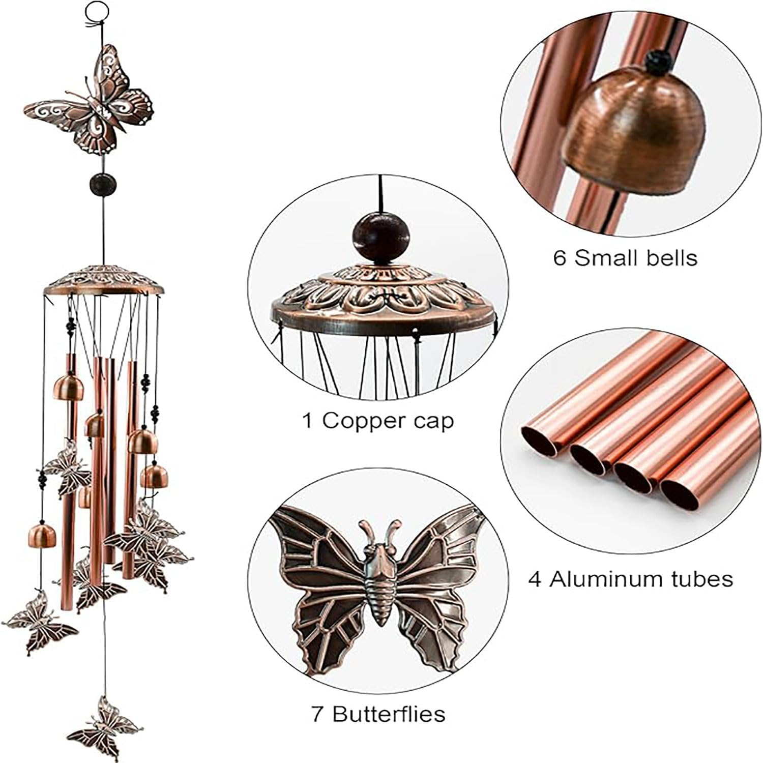 Yqkangzhu Butterfly Wind Chimes for Outdoor, Butterflies Aluminum Tube Windchimes with S Hook, Patio Porch Garden Decoration Metal Wind Bell for Mother'S Day Christmas New Year Birthdays Housewarming image number 6