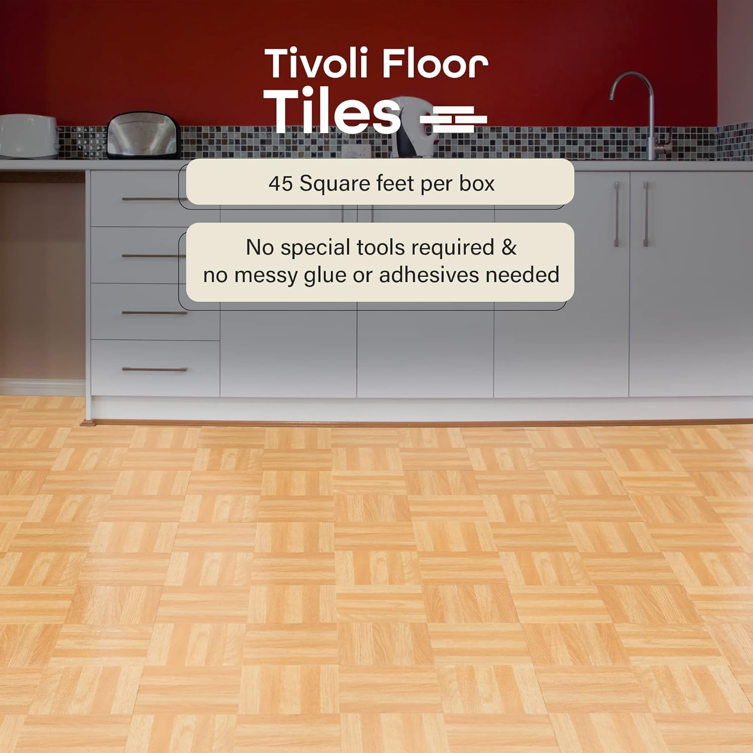 Tivoli Self Adhesive Vinyl Floor Tiles, 45 Tiles - 12" X 12", Four Finger Square Parquet - Peel & Stick, DIY Flooring for Kitchen, Dining Room, Bedrooms, Basements & Bathrooms by Achim Home Decor image number 3