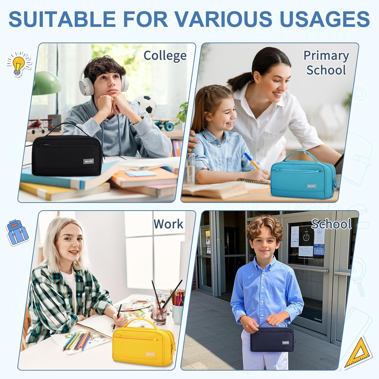 Pencil Case for School, Vaschy Large Cute Pencil Case Kids Pen Bag W Zippers Top Handle for Teens,Students,Adults School Supplies Organizer Black - Blue image number 6