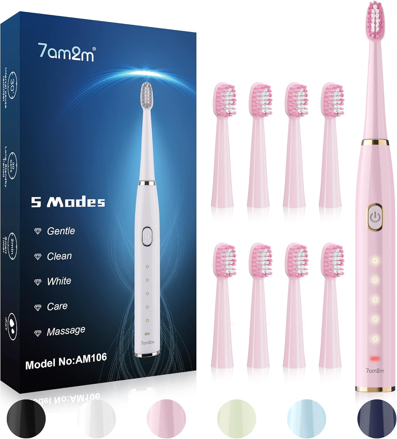 7AM2M Sonic Electric Toothbrush for Adults and Kids- High Power Rechargeable Toothbrushes with 8 Brush Heads,5 Adjustable Modes, Built-In 2-Minute Smart Timer,4 Hours Fast Charge for 30 Days (Blue)