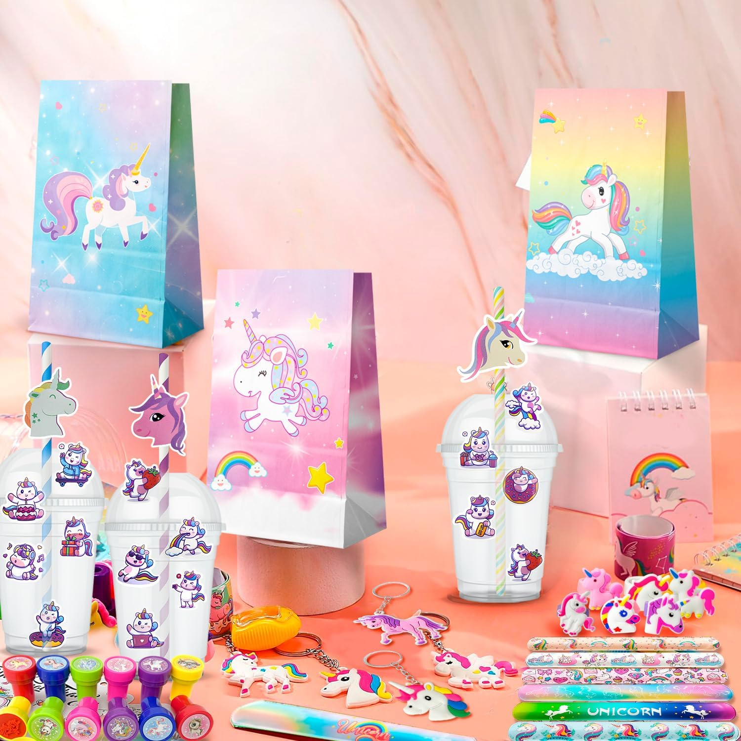 Unicorn Party Favors for Girls,134Pcs Unicorn Birthday Party Favors Set - Unicorn Goodie Bags & Unicorn Slap Bracelet & Unicorn Stickers Keychain Stampers Rings Etc Unicorn Themed Party Favors