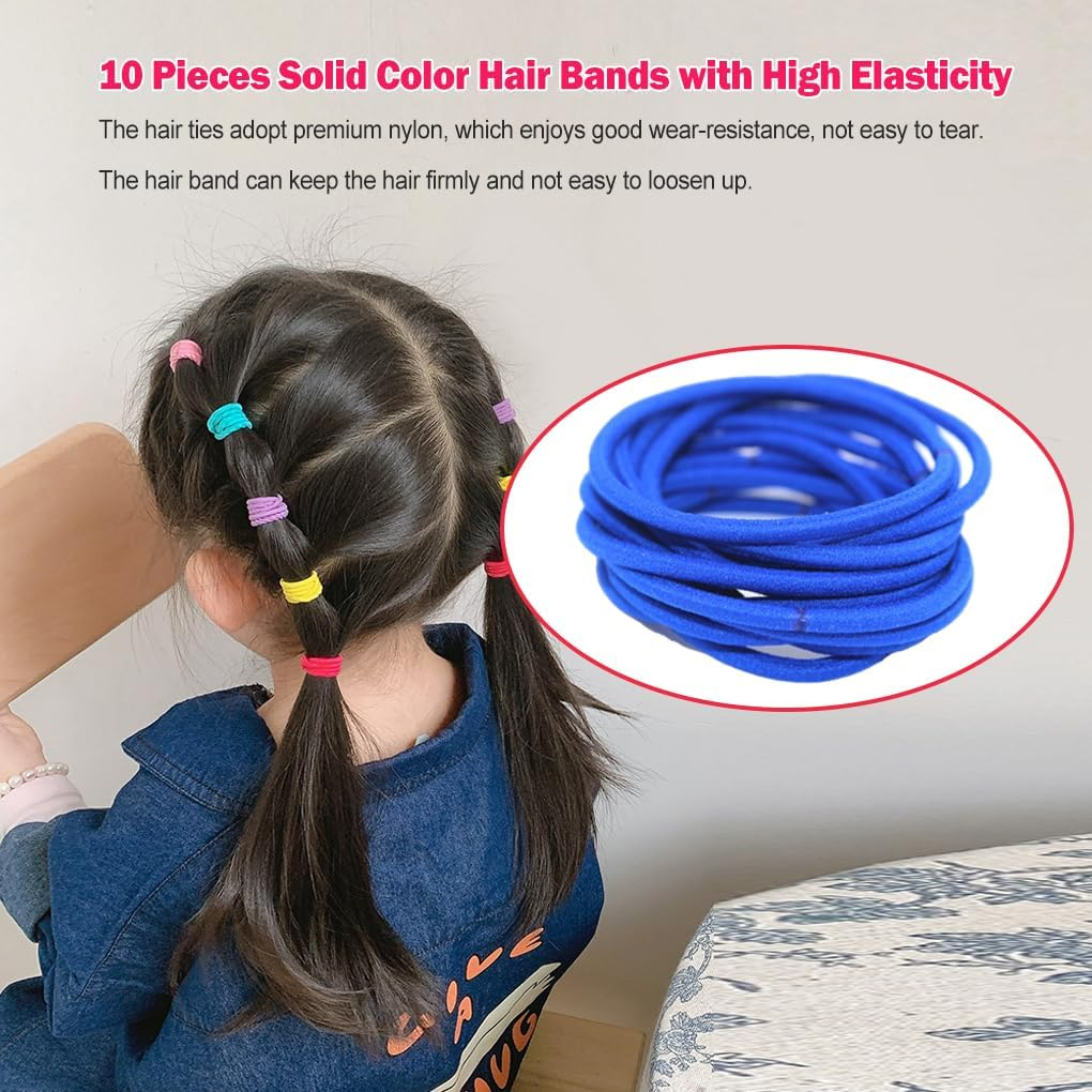 10 Pieces Mixed Hair Bands Adjustable Solid School High Elasticity Protective Ponytail Holder Girls Accessories Royal Blue - Army Blue image number 2
