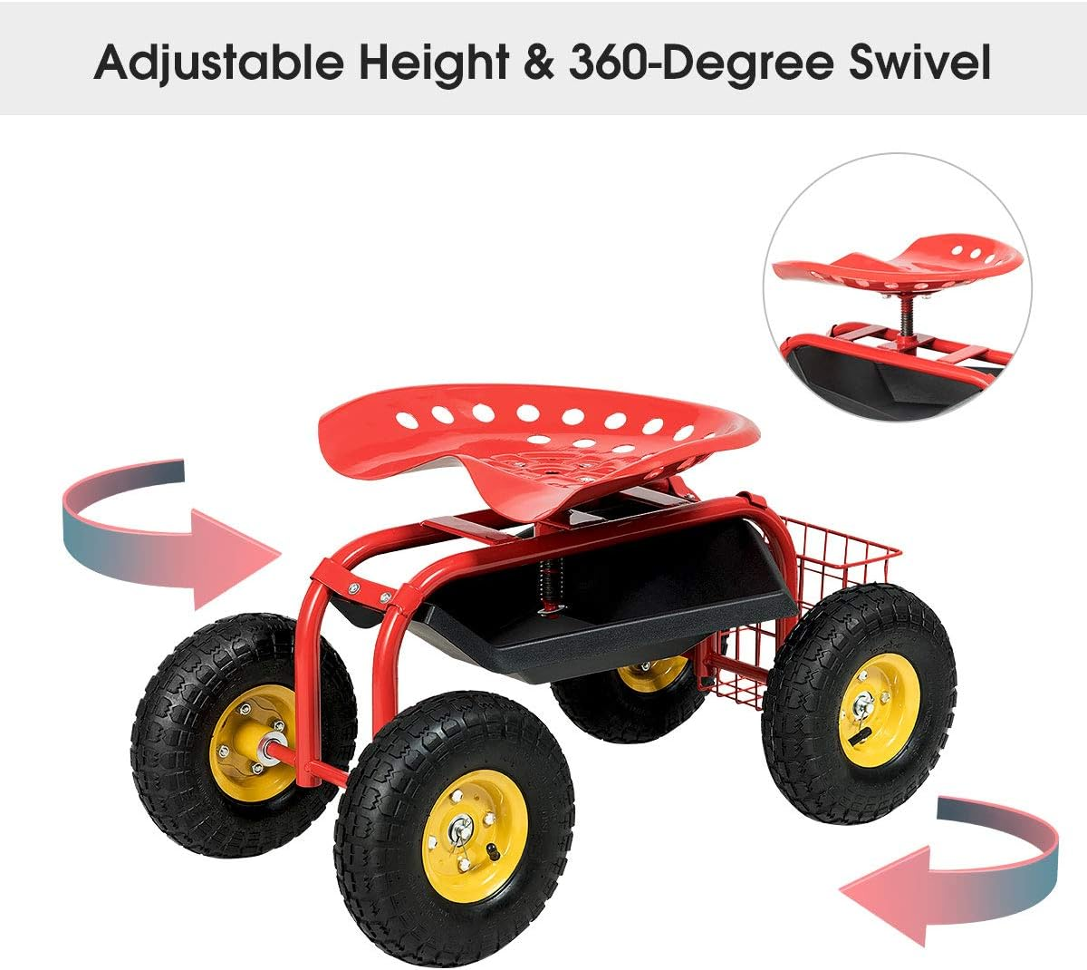 Costway Rolling Garden Cart Work Seat W/Wheels, Scooter W/360 Swivel Seat and Utility Tool Storage Basket, Heavy Duty Outdoor Work Cart W/Adjustable Height for Gardening Planting (Red) - Red image number 2