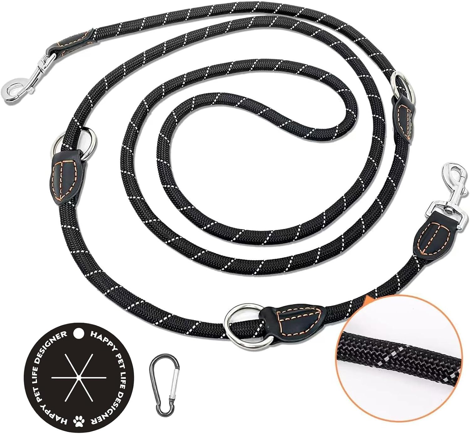 Dog Lead 3 M Adjustable with 2 Carabiners, Shoulder Leash/Double Lead Perfect for Large Dogs with Comfortable Padded Handle and High Reflective Line, with Dog Poop Bag Holder (Black)