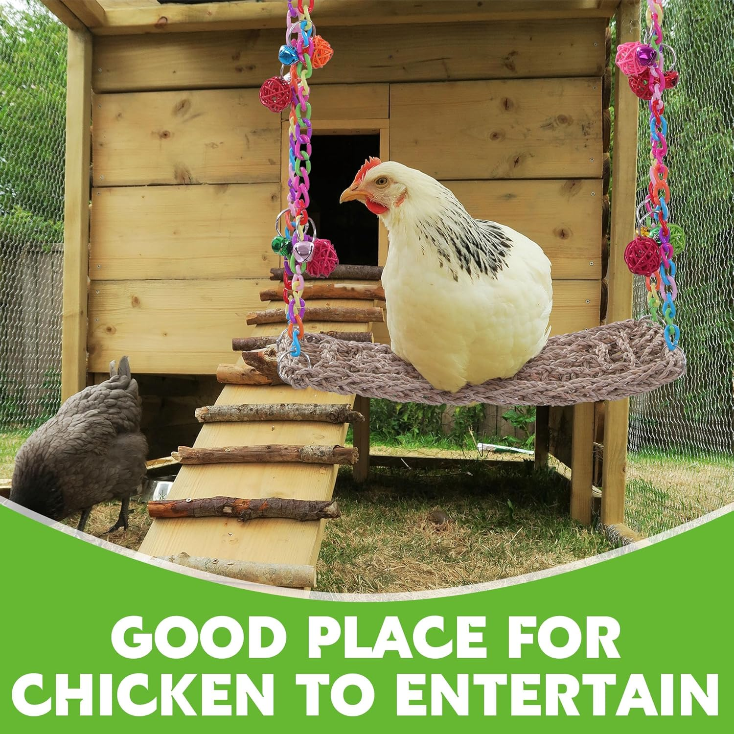 MABOZOO Chicken Swing Toy, Chicken Perch Seagrass Woven Hammock Swing Mat Climbing Hammock with Wood Perch Stand, Bird Swing Toy for Hens Chicken Bird Budgie image number 4