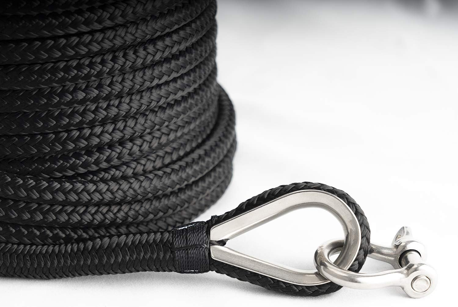 Young Marine Made 3/8 Inch 100FT 150FT Black Nylon Anchor Line Double Braided Anchor Rope/Line with Thimble (3/8" X 150') image number 1