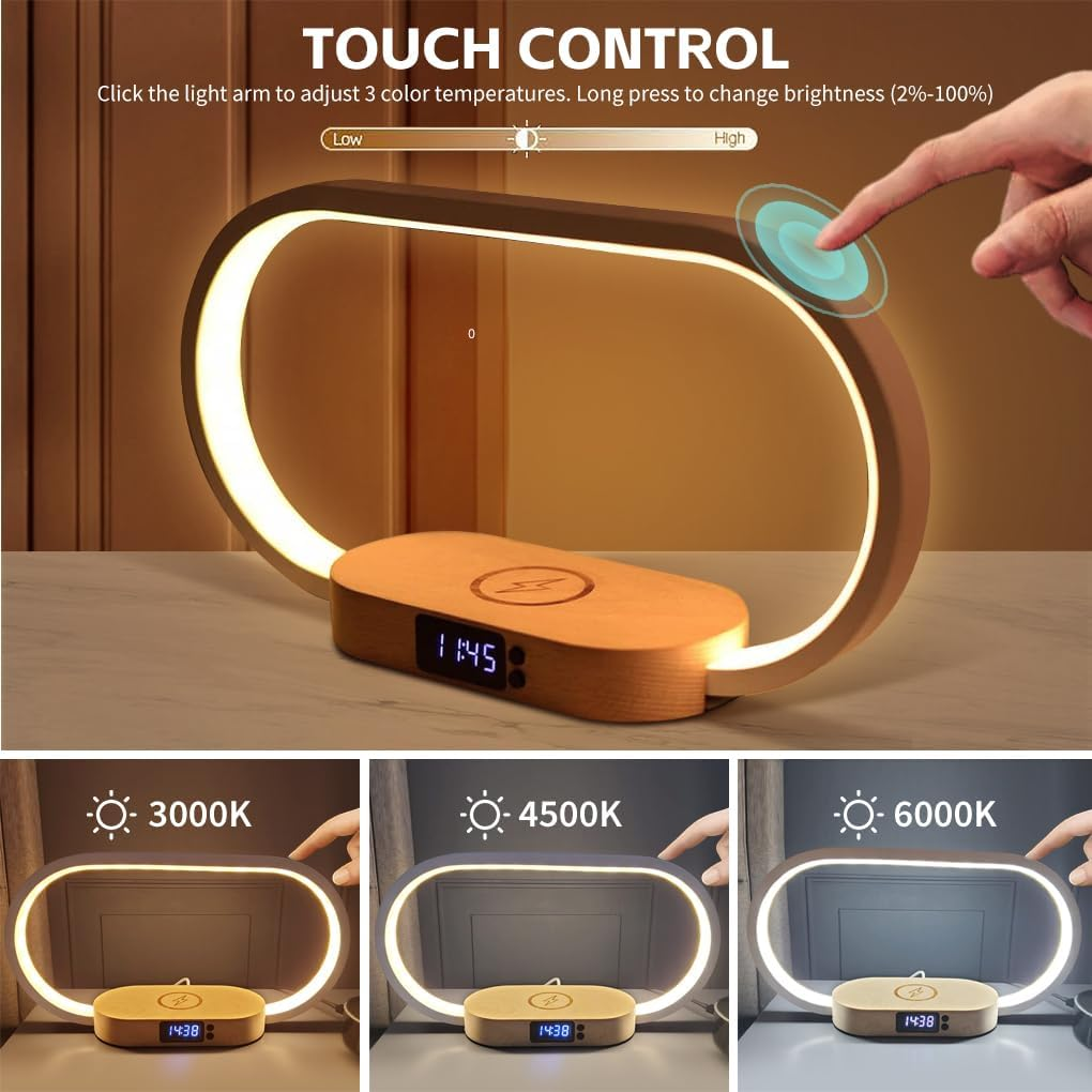 Clora Bedside Table Lamp with 10W Wireless Charger, Touch Control Dimmable 3 Color Temperatures LED Nighstand Light with USB Charging Port and Clock for Living Room Bedroom Office Home Decor Gift image number 1