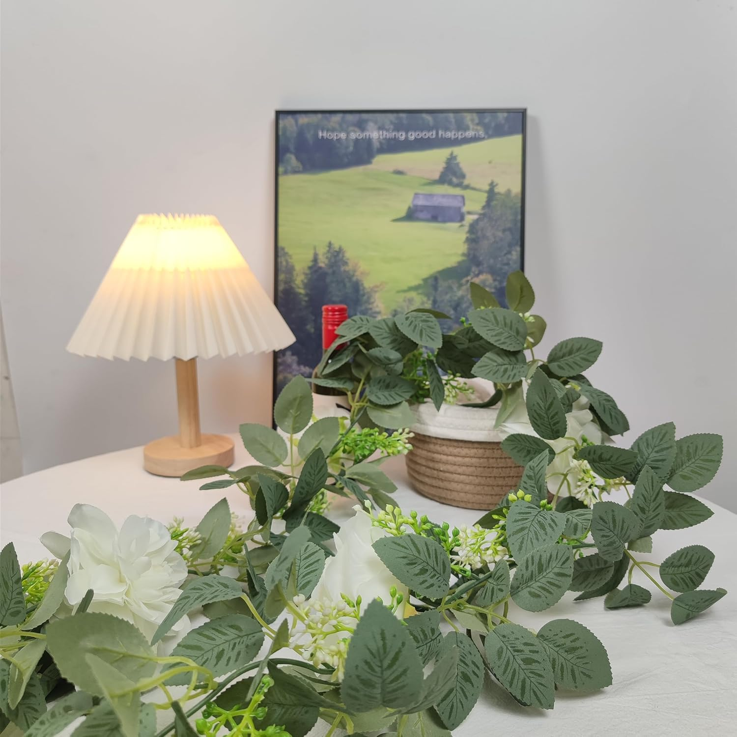 Artificial Flower Garland for Wedding Decor, 2 Packs Silk Artificial Green Hanging Vines with White Flowers for Home Wedding Bridal Shower Indoor Outdoor Garden Party Decorations image number 4