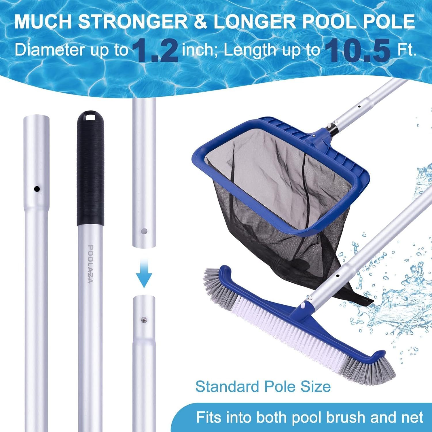 POOLAZA Pool Cleaning Kit, Including Pool Brush & Ultra Fine Mesh Pool Skimmer Net with Pole, Pool Net Skimmer & 17.5'' Pool Brush Head with 10.5Ft Aluminum Pool Pole, Pool Net and Brush with Pole image number 4