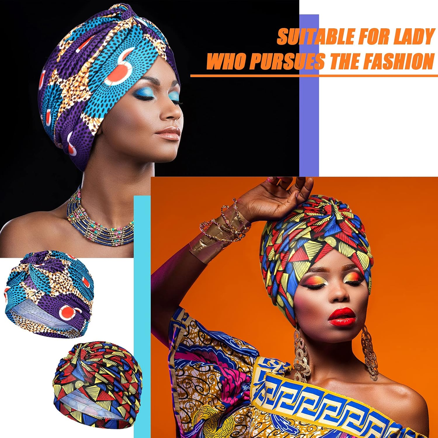 4 Pieces African Women Turban Cap Headscarf Women Turban Cap Stretch Twisted Headwrap image number 1