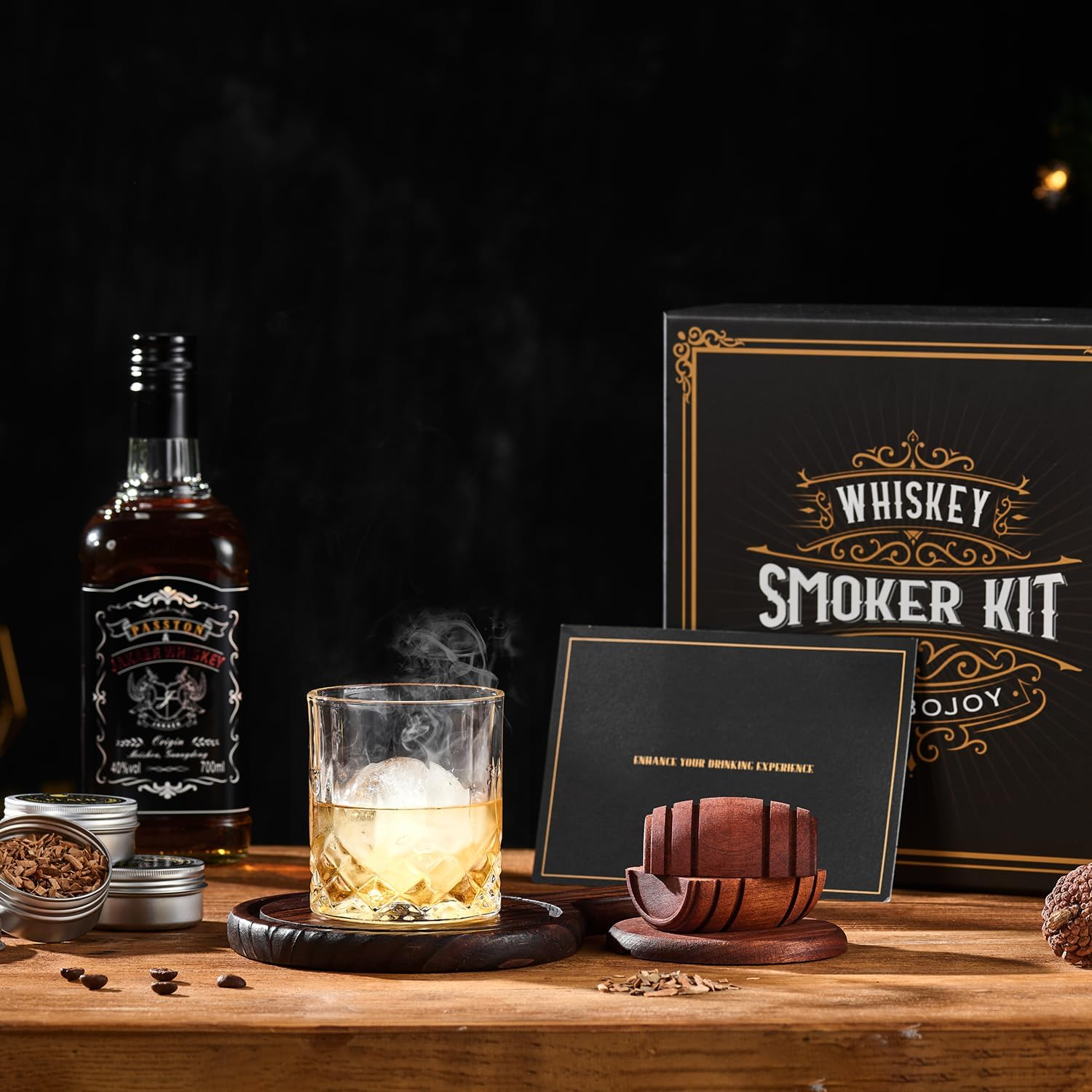 Whiskey Smoker Kit with Torch - 6 Flavors Wood Chips, 2 Glasses, 2 Ice Ball Molds - Cocktail Smoker Infuser Kit, Old Fashioned Drink Smoker Kit, Birthday Bourbon Whiskey Gifts for Men,Dad(No Butane)