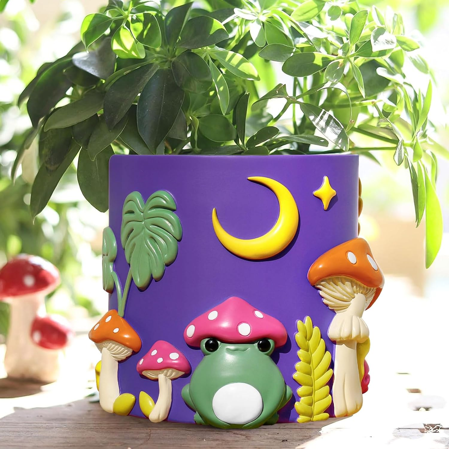 GUGUGO Colorful Frog Garden Plant Pots, Cute Unique Succulent Planters with Drainage, Rainbow Small Mushrooms Flower Planters Pots for Indoor Plants, Funny Eclectic Home D&eacute;cor (B, 5Inch)