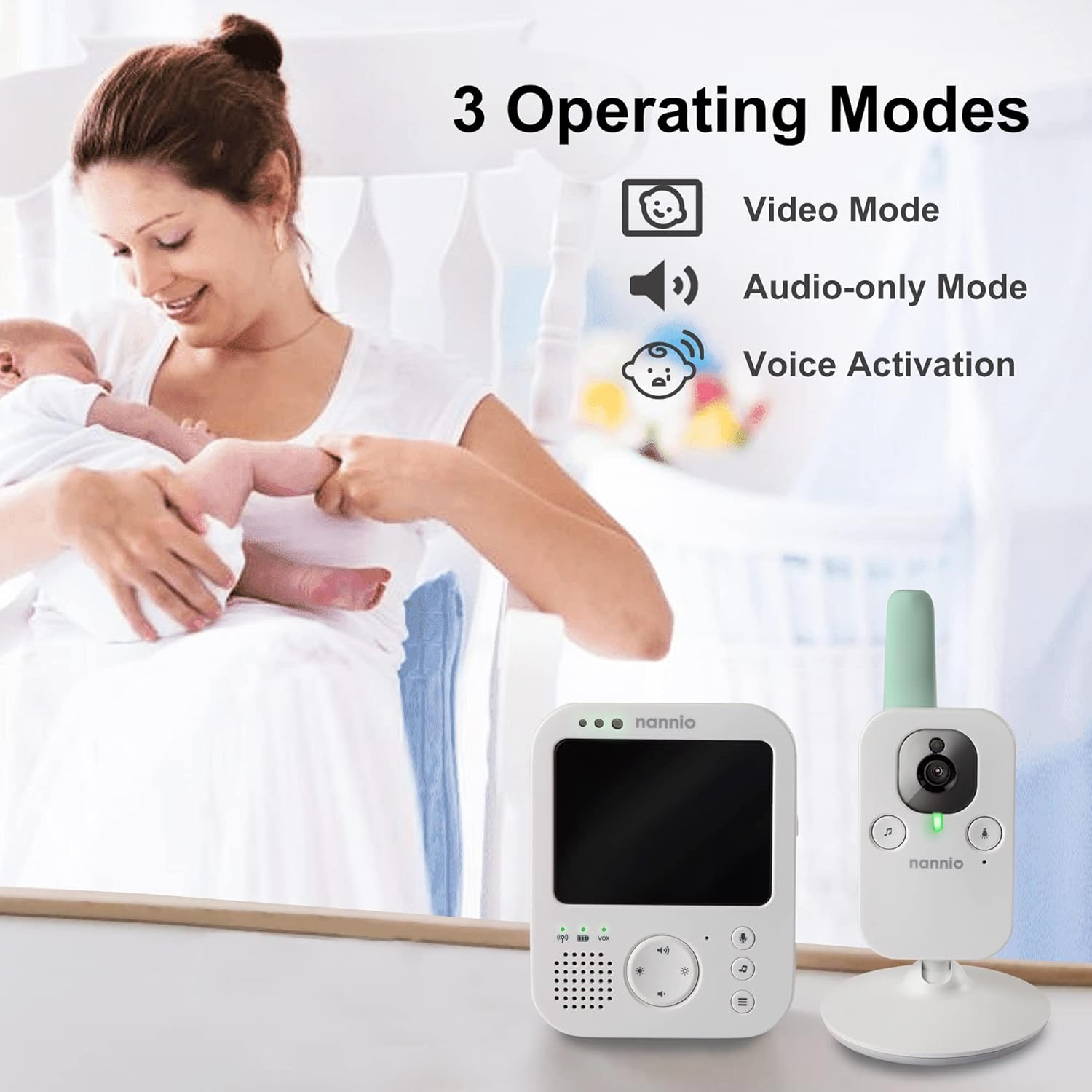 Nannio Hero 3 LCD Non-Wifi Baby Monitor Camera with Baby Night Light and Vibration Alert, 2-Way Audio, Saving Power Mode, Temp. Sensor, Digital Zoom, Lullaby, Plug & Play, Ideal Baby Gift