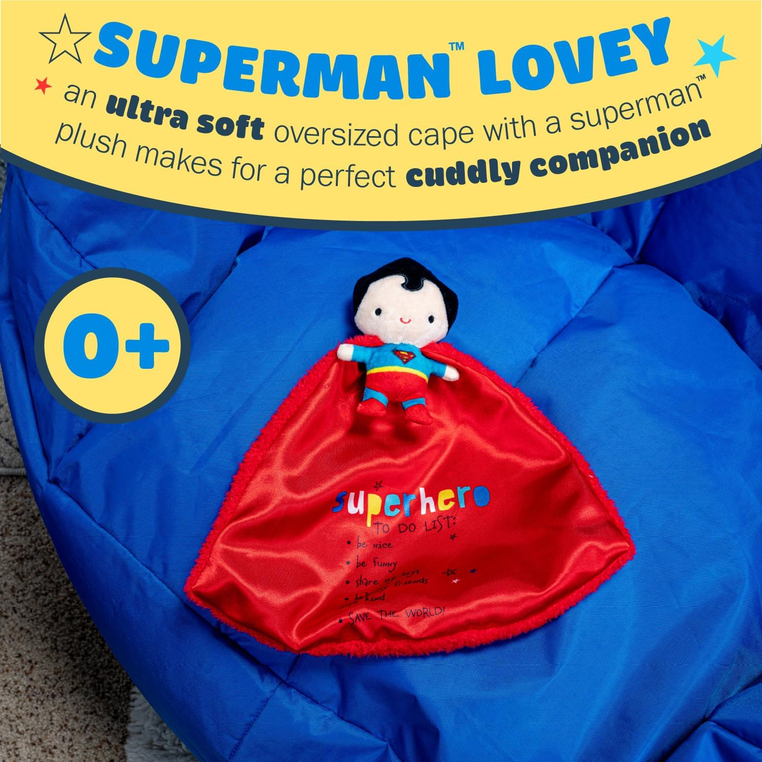 Kids Preferred DC Comics Superman Lovey Security Blanket, Soft Huggable Dark Knight Plush Lovey Toy for Baby and Infant Boys and Girls, Textured Blanket with Satin Super Hero to Do List
