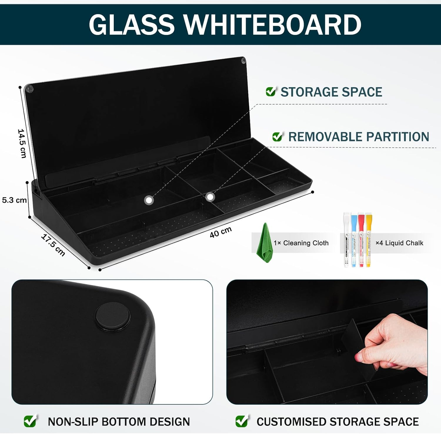 Glass Desktop Whiteboard, Computer Keyboard Stand, 18 X 40 Cm Small White Board with Drawer - Desk Organizer for Office, Home, School image number 6