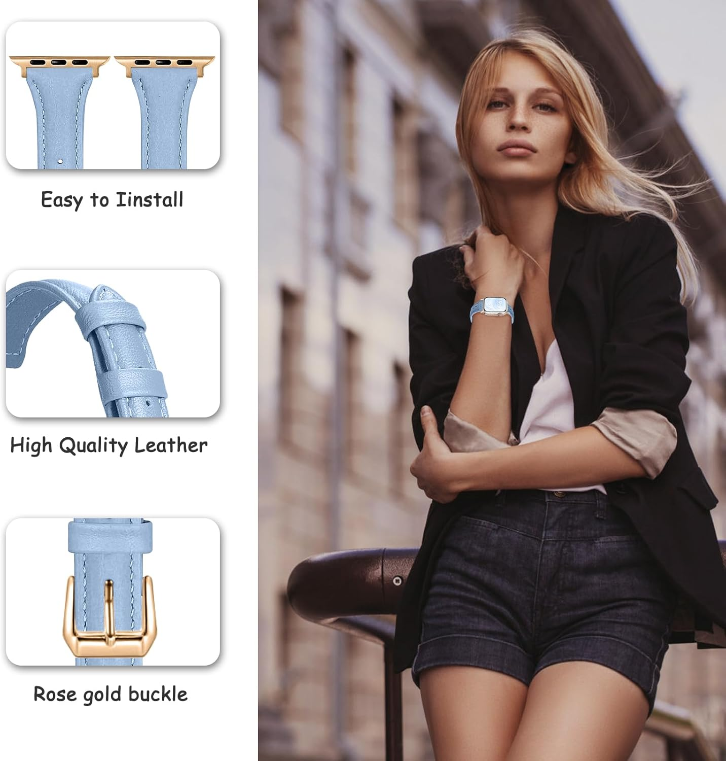 Wopail Women'S Leather Strap for Apple Watch Series 9/8/7/6/5/4/3/2/1/SE 2/SE, Replacement Strap, Slim, Lightweight Straps for 41 Mm, 40 Mm, 38 Mm image number 3