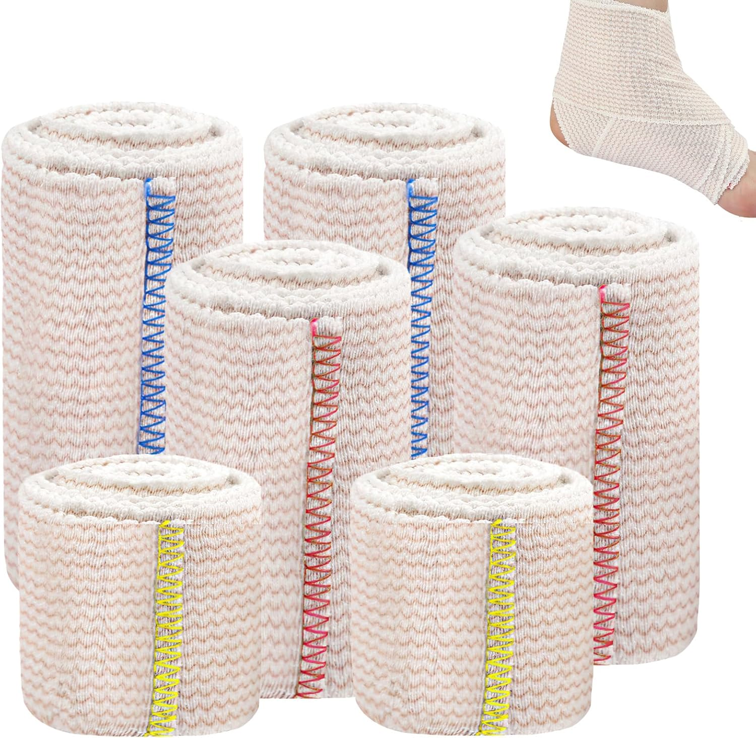 6 Pcs Elastic Compression Bandage, 3 Size (2X5Cm, 2X7.5Cm, 2X10Cm) Self Adhesive Cohesive Cotton Elastic Tape, Self-Closures for Foot Ankle Knee Wrists Elbows Thighs Torso image number 5
