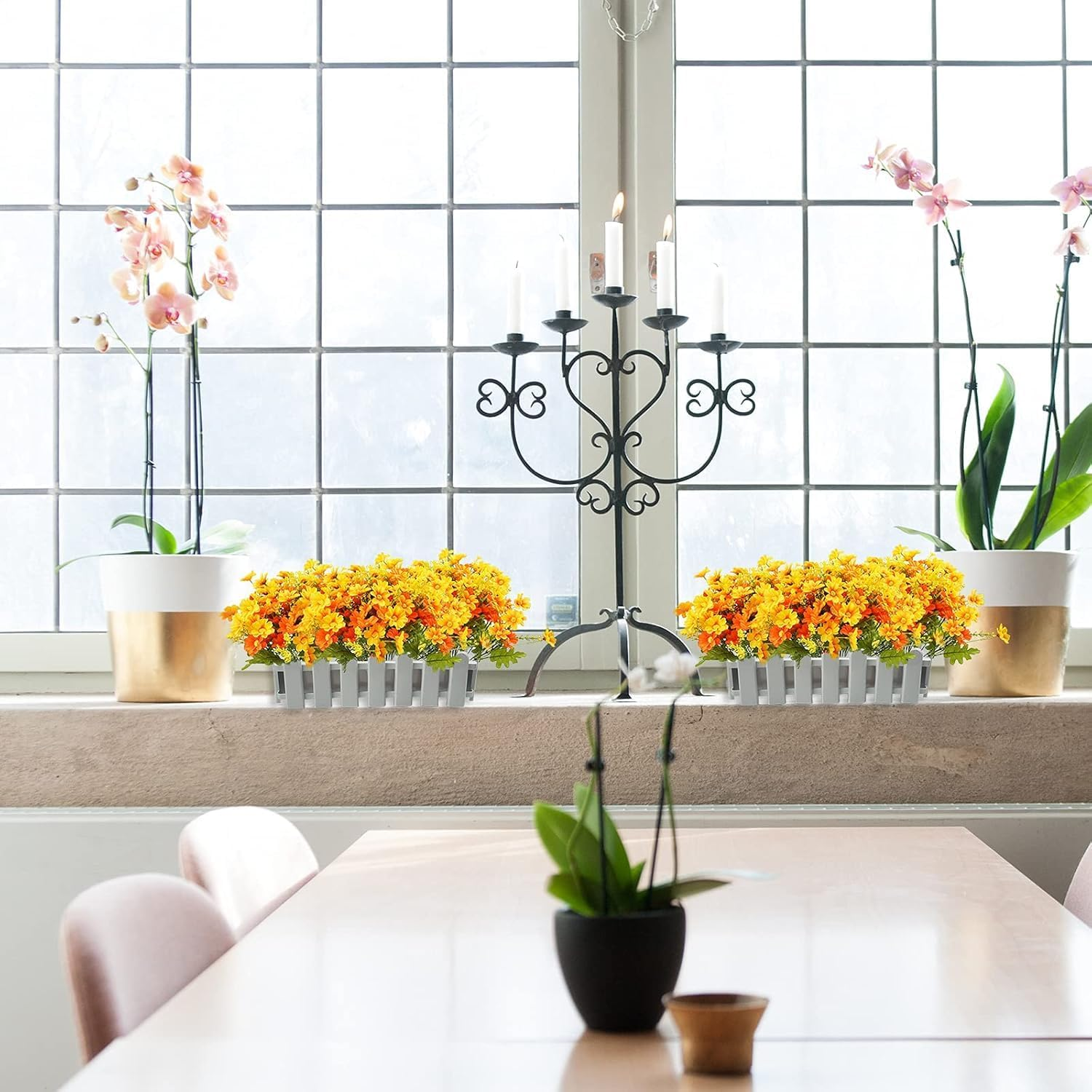 Artificial Fake Flowers, 6 Bundles Daisy Mums Flowers Outdoor UV Resistant No Fade Greenery Shrubs Plants Indoor outside Hanging Planter Home Wedding DIY Garden Porch D&eacute;cor (Orange Yellow, 30Cm) image number 1