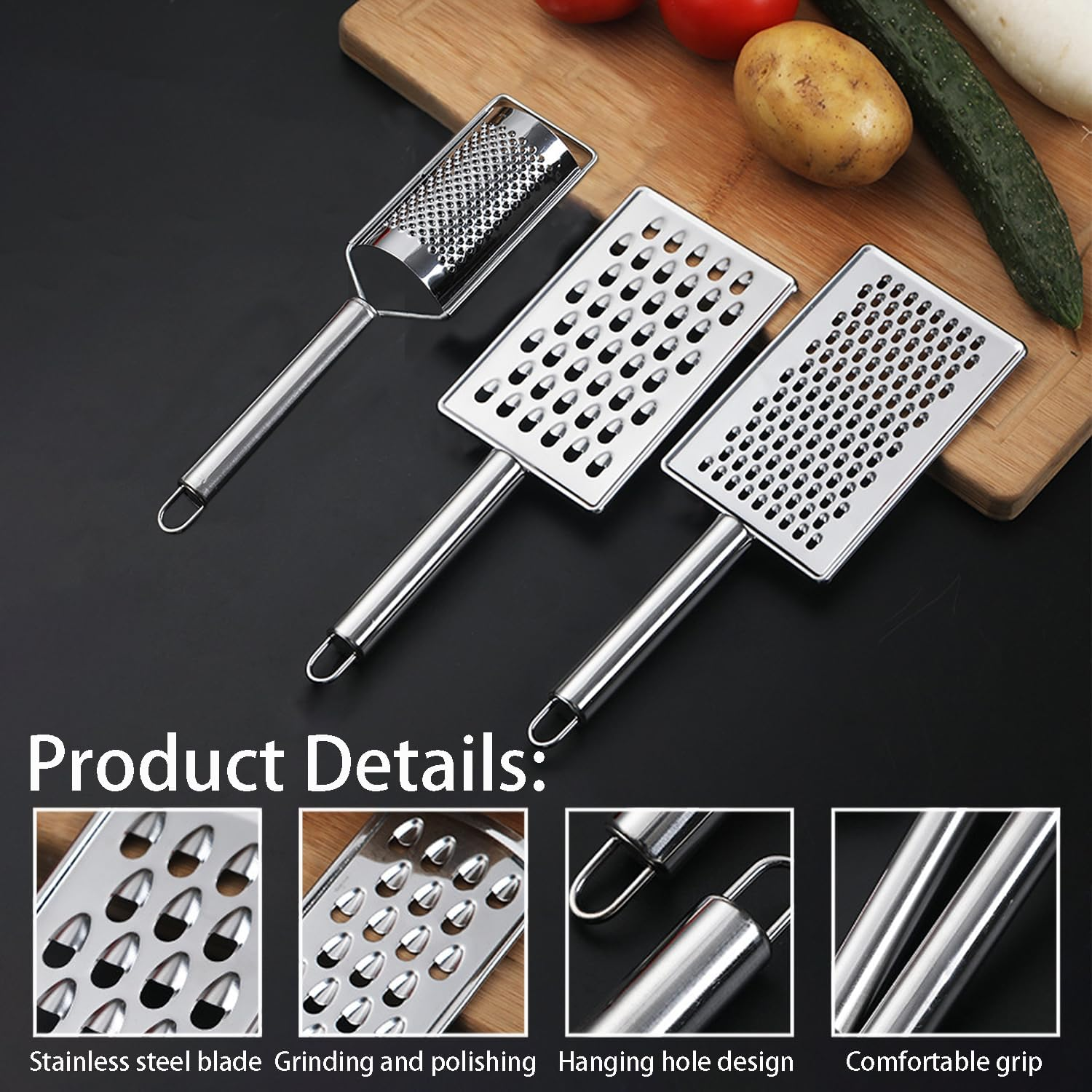 Professional Stainless Steel Cheese Grater Handheld Kitchen Grater for Cheese, Ginger, Chocolate & Spices Versatile Metal Grater for Effortless Shredding and Zesting (3 Pcs) image number 1