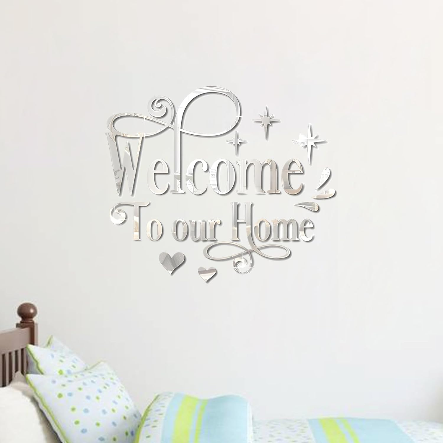 INCAUCA Welcome to Our Home Wall Decor Sticker, Home Acrylic 3D Mirror Wall Decal, Removable Art Letter Sign, Wall Door Quote Decoration DIY for Living Room Bedroom Sofa TV Background (Silver) image number 6