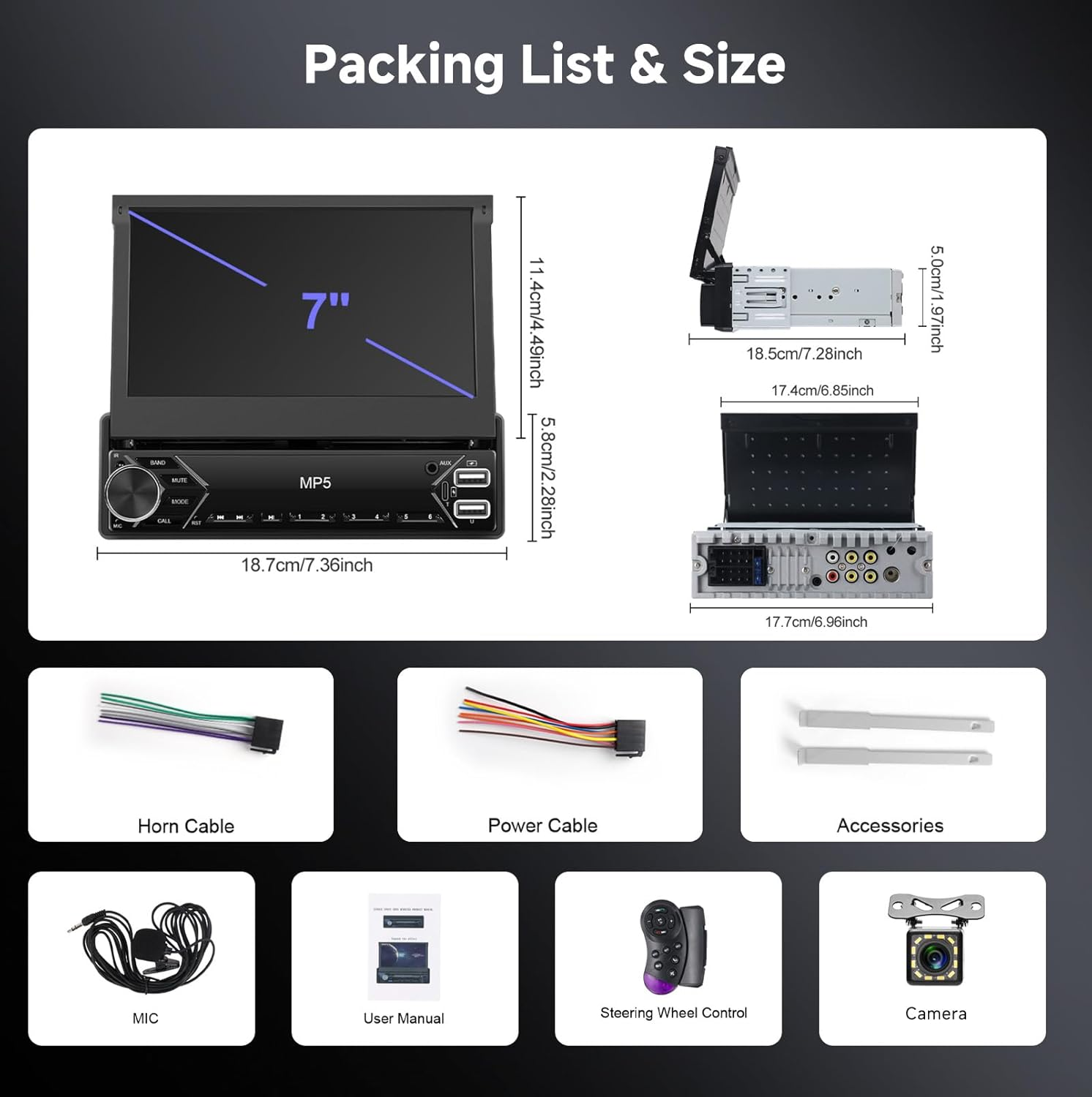 Single Din Flip Out Car Stereo with Wireless Carplay Android Auto, Hodozzy 7 Inch Car Radio Bluetooth with Touch Screen, FM Radio, EQ, SWC, Support U Disk/Usb/Type-C and Reversing Camera image number 4