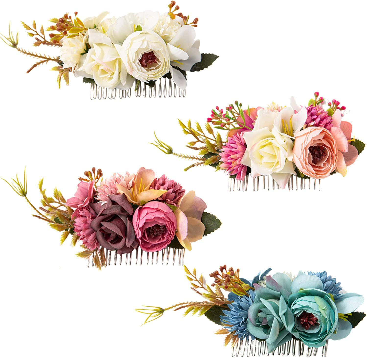 Cinaci 4 Pack Artificial Flower Metal Hair Side Combs Slides Clips Floral Wedding Bridal Headpieces Hairpins Barrettes Bun Chignon Hair Accessories for Women Flower Girls Brides Bridesmaids image number 6