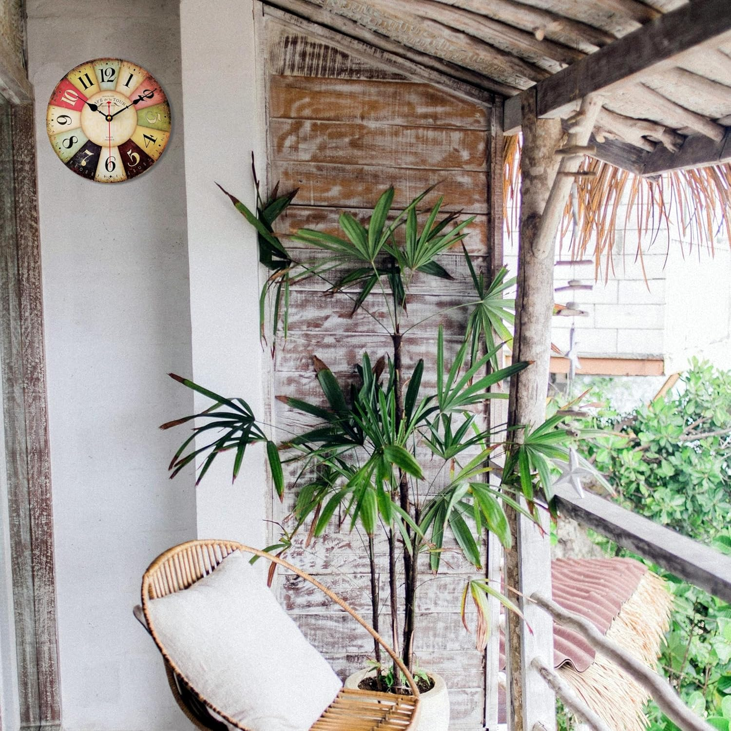 Qukueoy 12 Inch Thick Wood Kitchen Wall Clock Retro Farmhouse Clocks for Living Room Decor Bedroom Restaurant,Silent Battery Operated,Colorful Tuscan Country Style