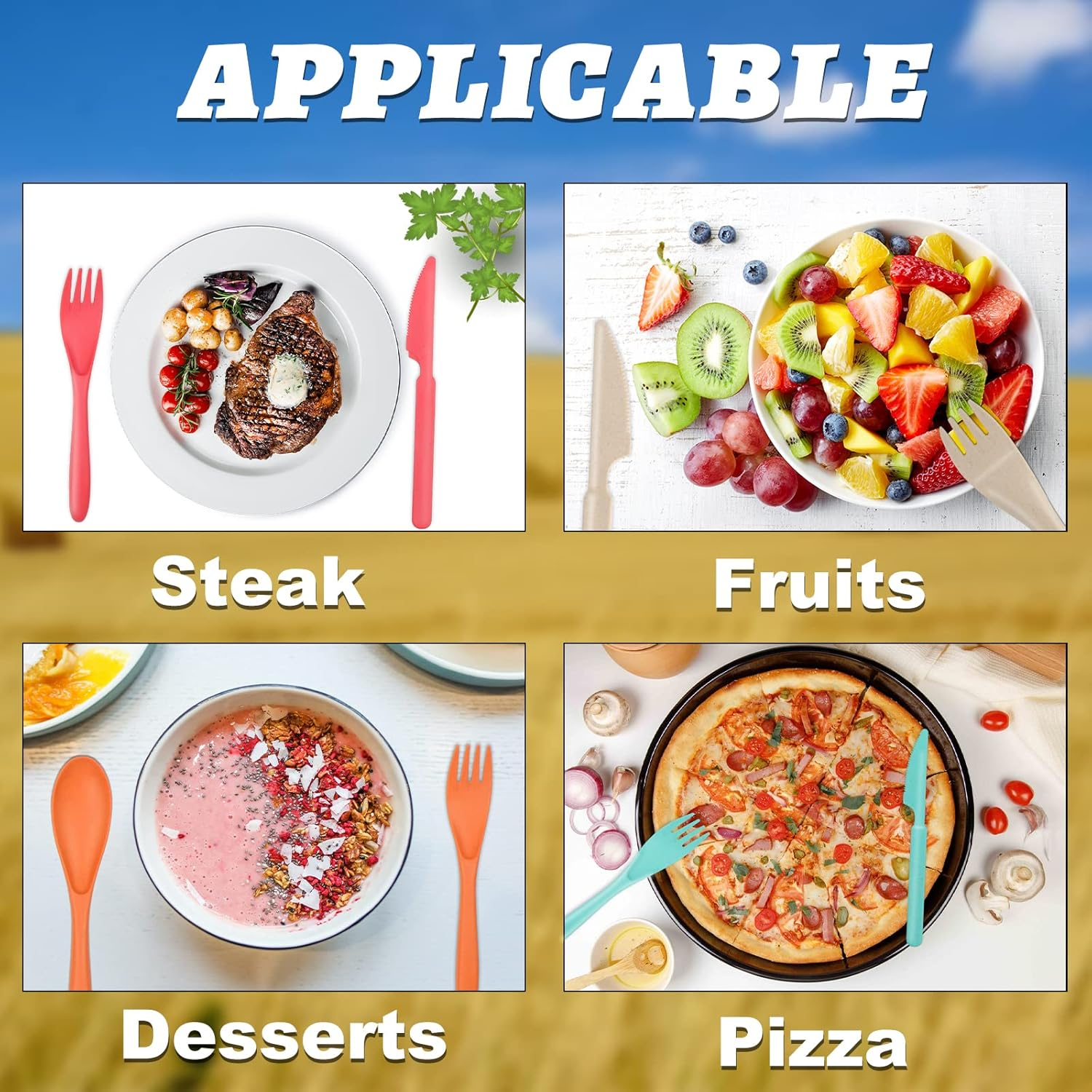 Reusable Travel Utensils Set with Case, 4 Sets Wheat Straw Portable Plastic Fork Spoons Knife Camping Cutlery, Eco-Friendly BPA Free Lunch Tableware Travel Picnic Silverware for Kids Adults Daily Use image number 1