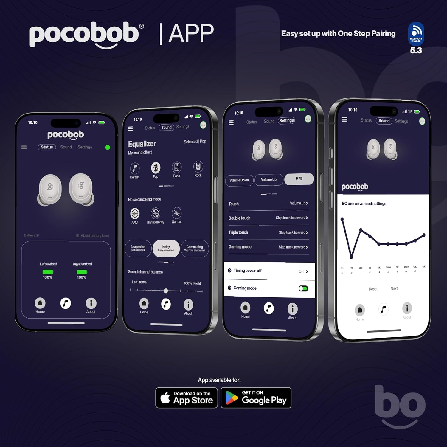 Pocobob to In-Ear Headphones Bluetooth 5.3 - Wireless True Wireless Earphones with Android App, Game Mode, ENC Microphone, 32H Battery, USB-C Charging, IPX4 Waterproof, Compact & Suitable for Everyday image number 1