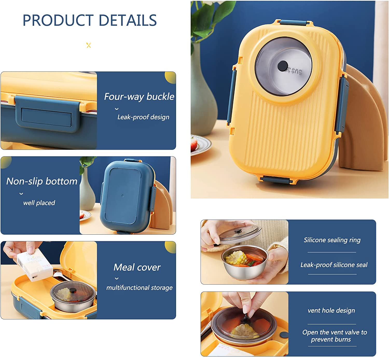 Bento Lunch Box, 3 Compartments Stainless Steel, Leak-Proof with Bowl, Water Fillable, BPA Free, Suitable for Camping, School, Office image number 4